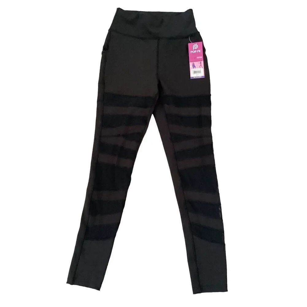 Nwt High Waisted Semi Sheer Strappy Leggings With Pockets Sexy Athletic Sporty L